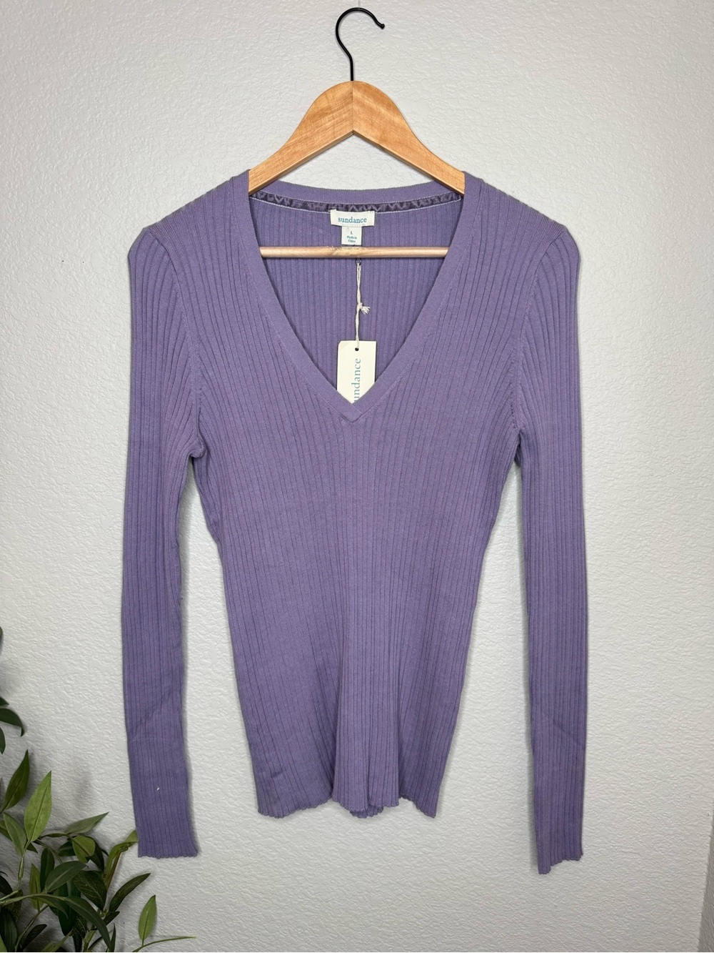 Sundance Lavender Ribbed V-Neck Sweater L Organic Cotton NWT Boho Layering